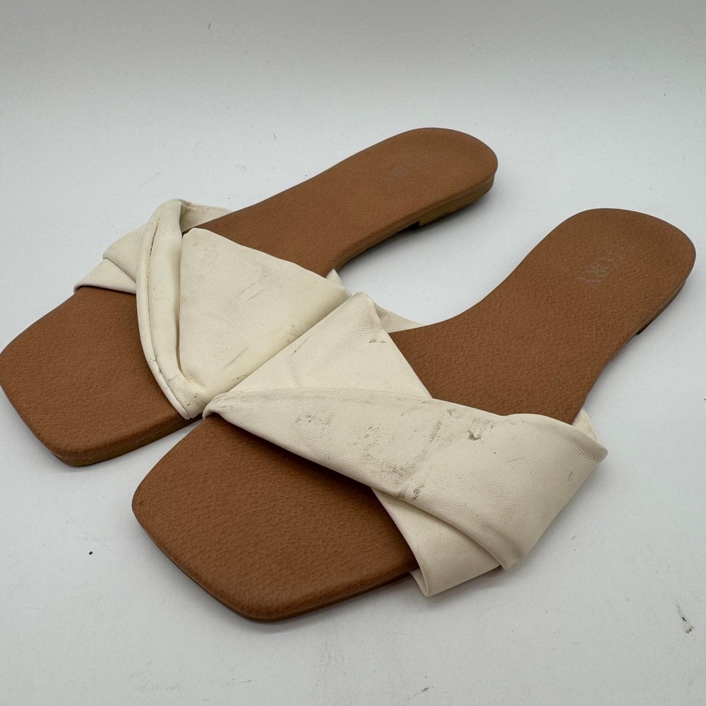 Fitory Womens Square Toe Flat Slide Sandals Cream Twist Strap Size 10